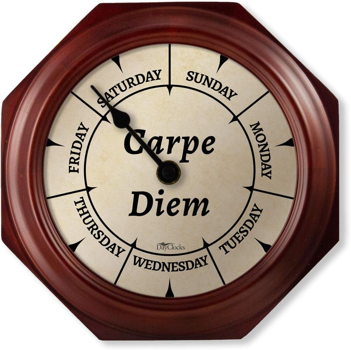 Day of the Week Wall Clock with Solid Wood Frame – Calendar Day Clock – Carpe Diem – Ideal Retirement Gift for Men & Women – Mahogany, 10"