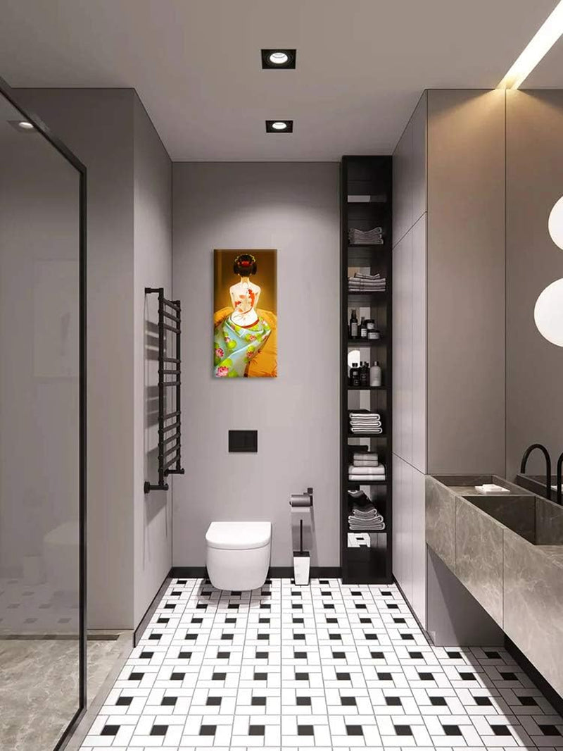 Japanese Woman Wall Art Asian Style Painting Yellow Background Wall Decor Fish Tattoo on Back Print Home Decoration for Bedroom, Bathroom (Waterproof, Ready to Hang)