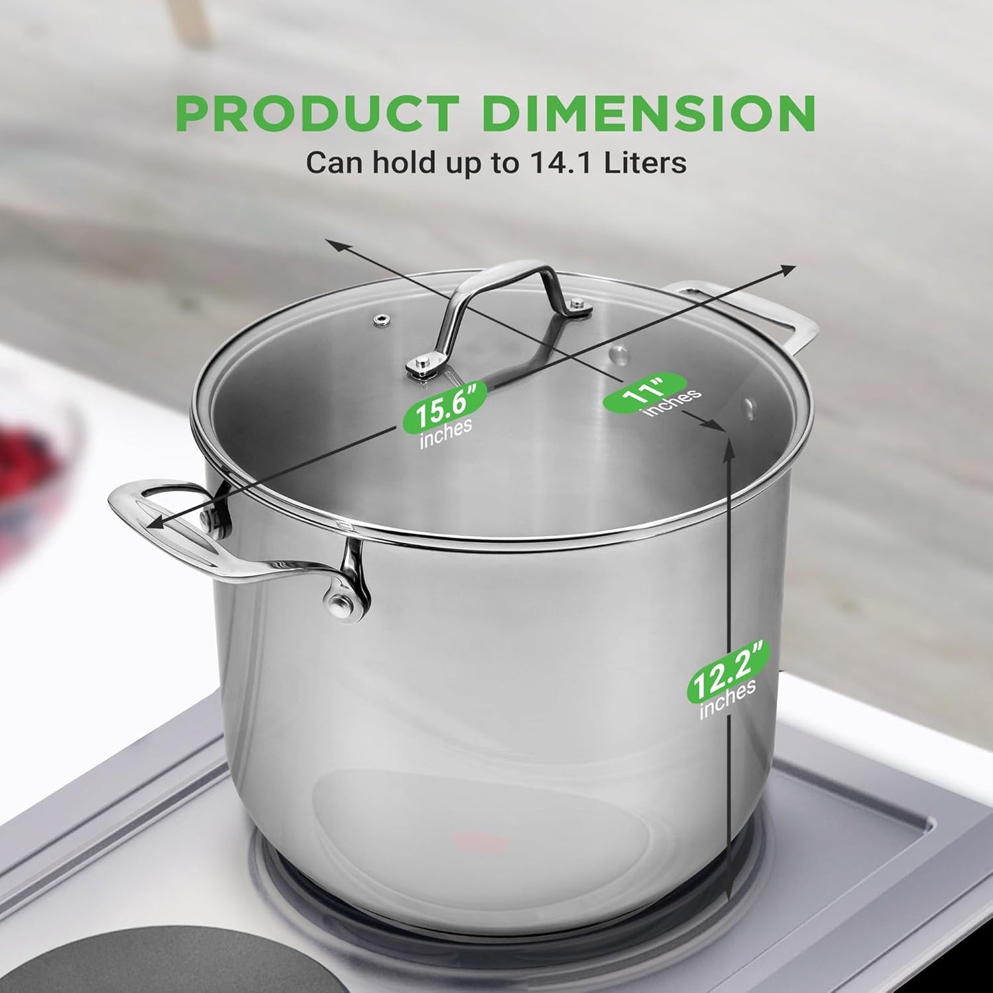 15-Quart Large Stainless Steel Stock Pot with Tempered Glass Lid - Induction Compatible Stockpot, Ideal for Stews & Soups, Dishwasher Safe