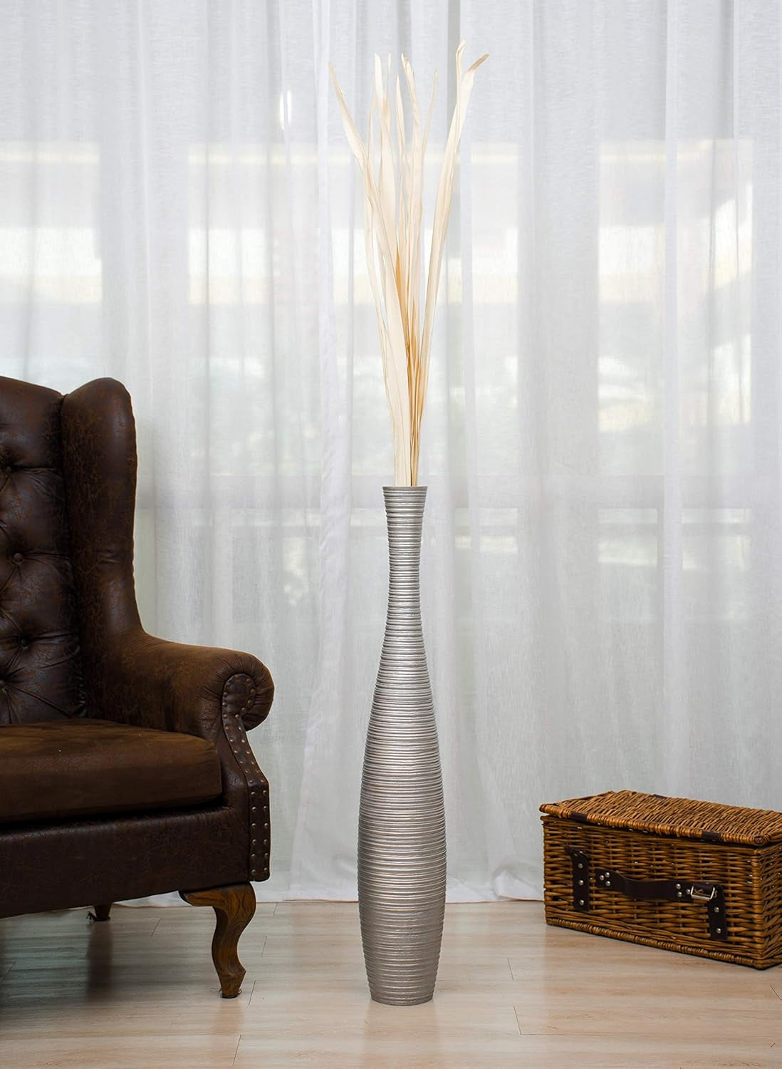 Large Silver Home Decor Floor Vase – Wooden 36 Inches Tall Farmhouse Decor Flower Holder for Fake Plant and Pampas Grass