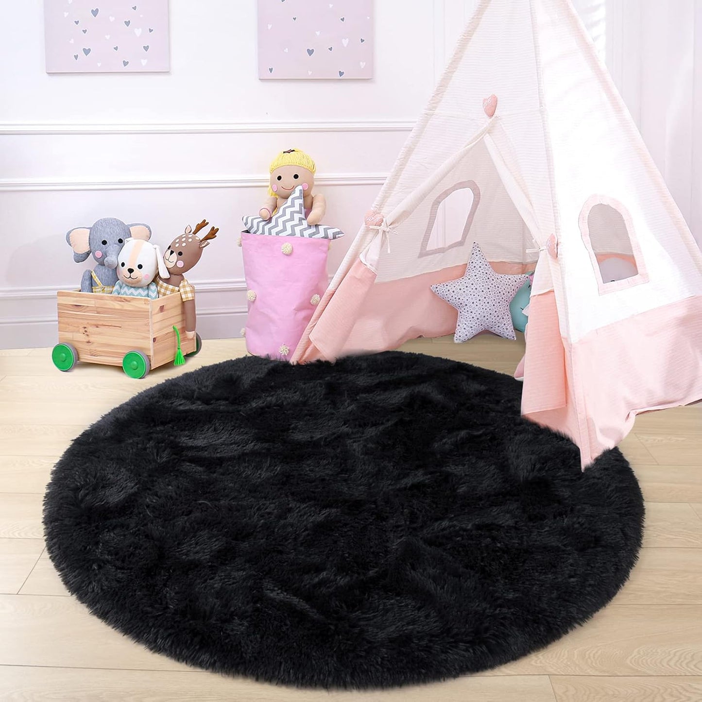 round Rug 6X6 Feet Fluffy Soft Area Rugs for Kids Girls Room Princess Castle Plush Shaggy Carpet Cute Circle Nursery Rug for Kids Teen'S Bedroom Home Decor Large Circular Carpet, Black