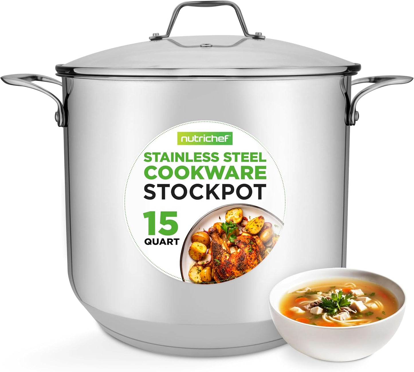 15-Quart Large Stainless Steel Stock Pot with Tempered Glass Lid - Induction Compatible Stockpot, Ideal for Stews & Soups, Dishwasher Safe