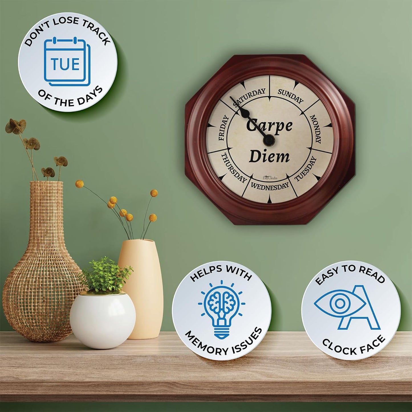 Day of the Week Wall Clock with Solid Wood Frame – Calendar Day Clock – Carpe Diem – Ideal Retirement Gift for Men & Women – Mahogany, 10"