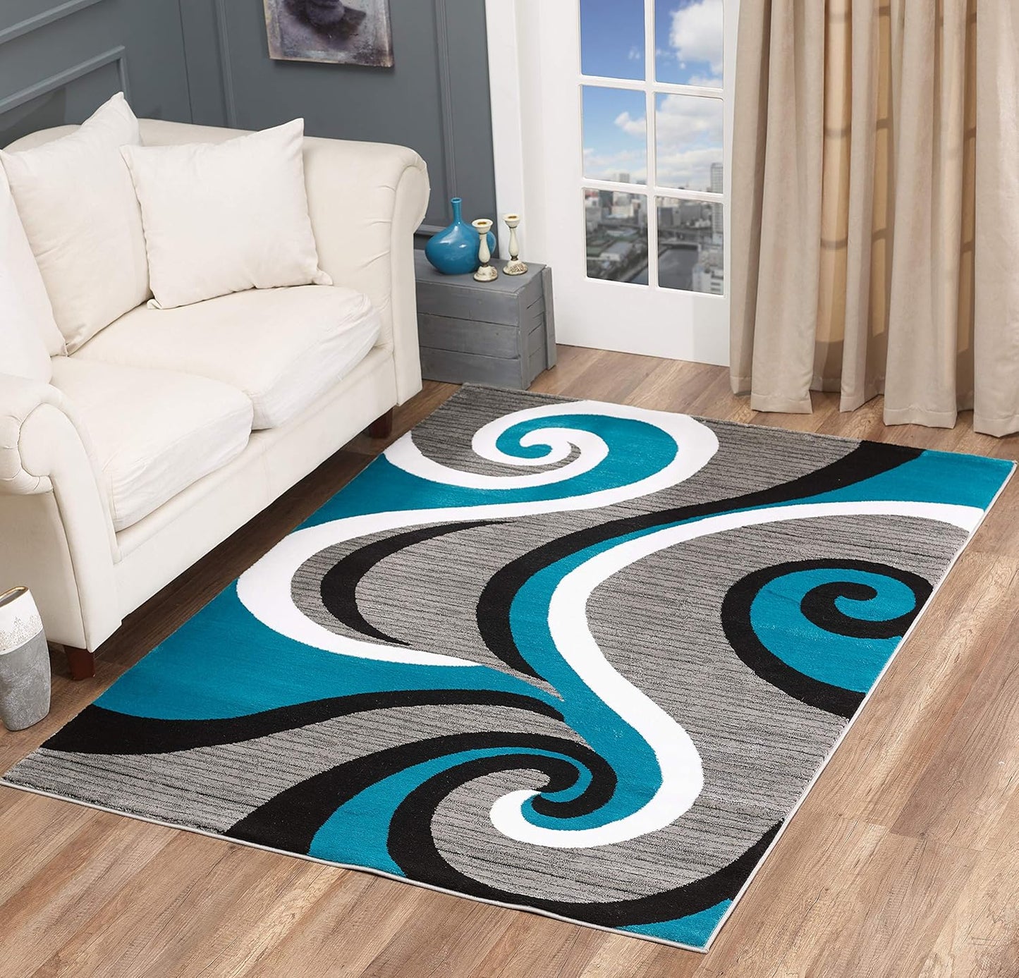 Modern Area Rug 5X7 Turquoise Swirls Carpet Bedroom Living Room Contemporary Dining Accent Sevilla Collection 4817 (5X7, Turkaz)