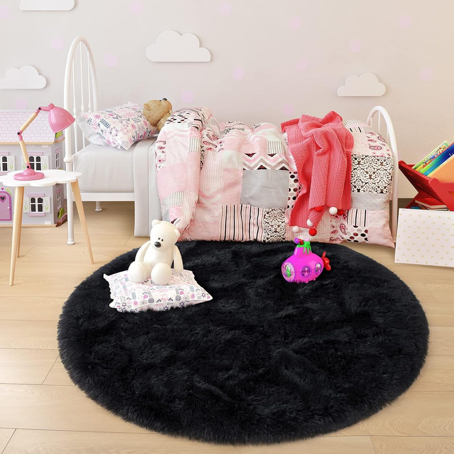 round Rug 6X6 Feet Fluffy Soft Area Rugs for Kids Girls Room Princess Castle Plush Shaggy Carpet Cute Circle Nursery Rug for Kids Teen'S Bedroom Home Decor Large Circular Carpet, Black