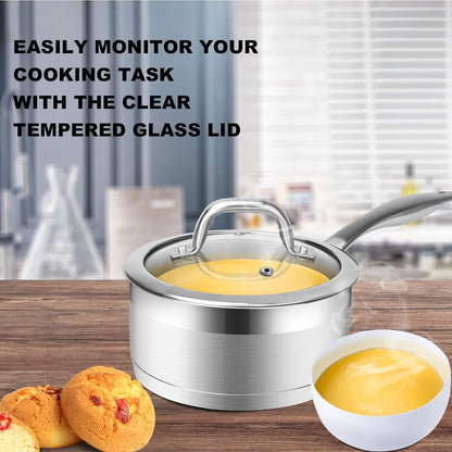 Professional Stainless Steel Sauce Pan with Lid, Kitchen Cookware, Induction Pot with Impact-Bonded Base Technology, 2.5 Quart