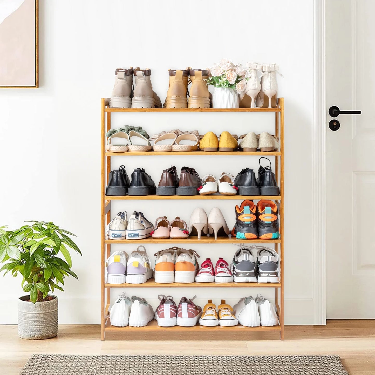 6 Tier Natural Wood Bamboo Shelf Entryway Storage Shoe Rack Home Furniture