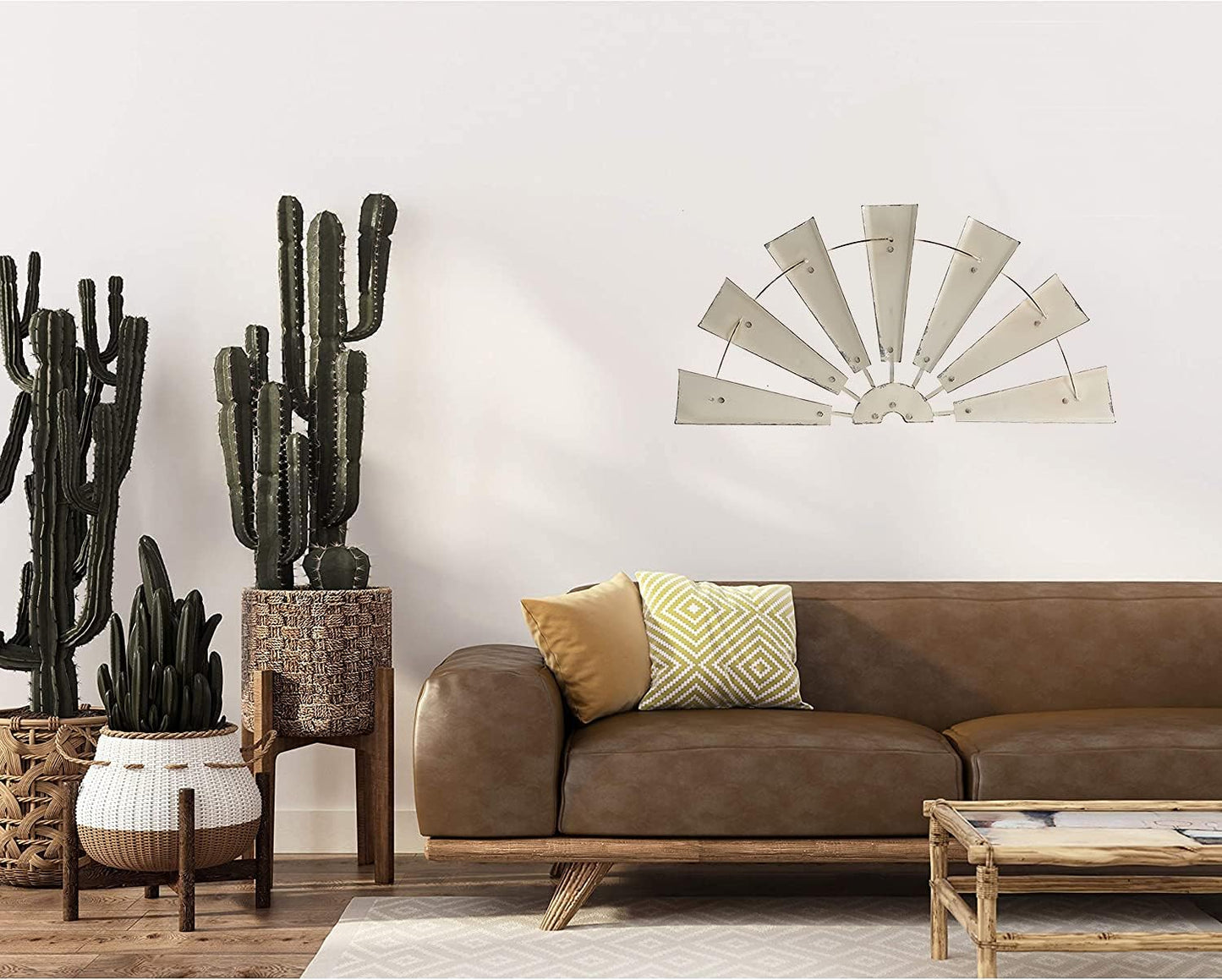 32" Rustic Galvanized Metal Half Windmill Wall Sculpture Farmhouse Wall Art Home Decor, Beige