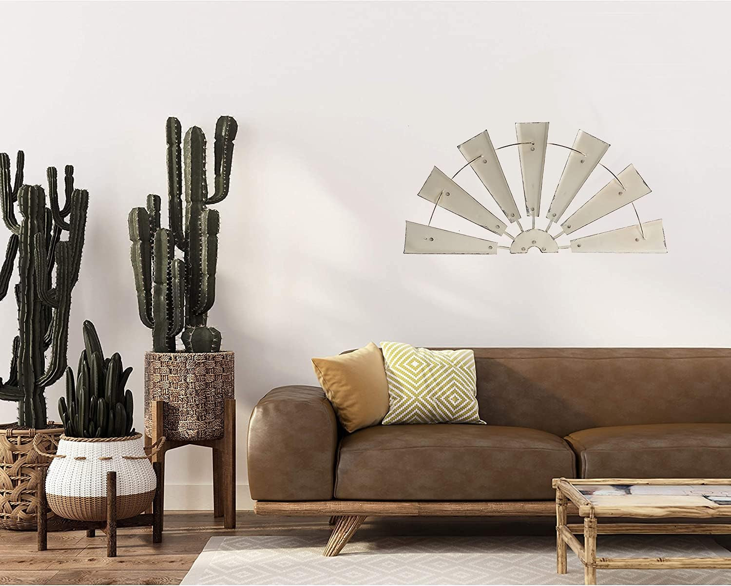 32" Rustic Galvanized Metal Half Windmill Wall Sculpture Farmhouse Wall Art Home Decor, Beige