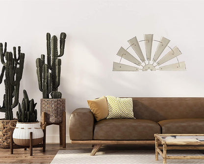 32" Rustic Galvanized Metal Half Windmill Wall Sculpture Farmhouse Wall Art Home Decor, Beige