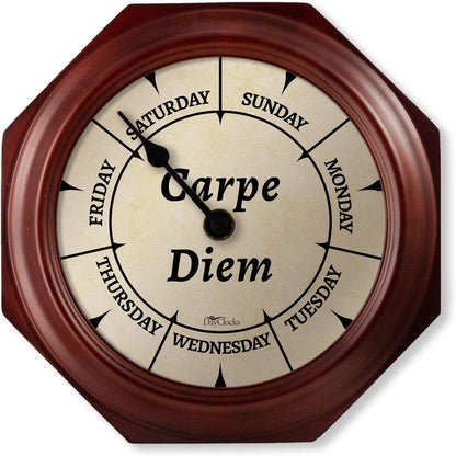 Day of the Week Wall Clock with Solid Wood Frame – Calendar Day Clock – Carpe Diem – Ideal Retirement Gift for Men & Women – Mahogany, 10"