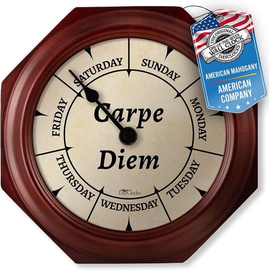 Day of the Week Wall Clock with Solid Wood Frame – Calendar Day Clock – Carpe Diem – Ideal Retirement Gift for Men & Women – Mahogany, 10"