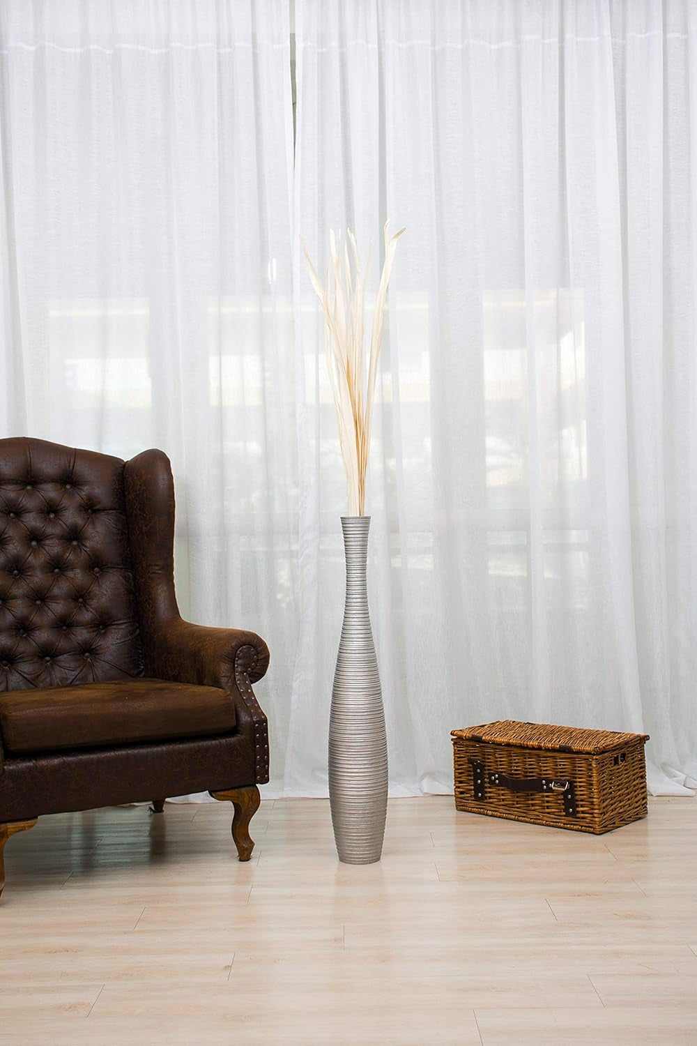 Large Silver Home Decor Floor Vase – Wooden 36 Inches Tall Farmhouse Decor Flower Holder for Fake Plant and Pampas Grass