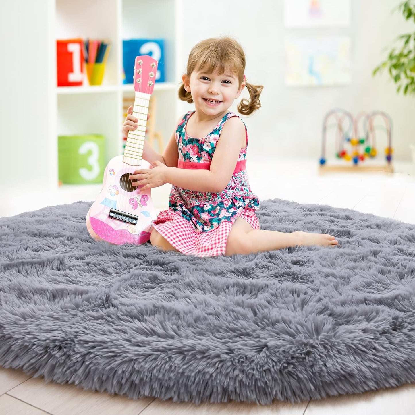 round Rug 5X5 Feet Fluffy Soft Area Rugs for Kids Girls Room Princess Castle Plush Shaggy Carpet Cute Circle Nursery Rug for Kids Girls Bedroom Baby Room Home Decor Circular Carpet, Grey