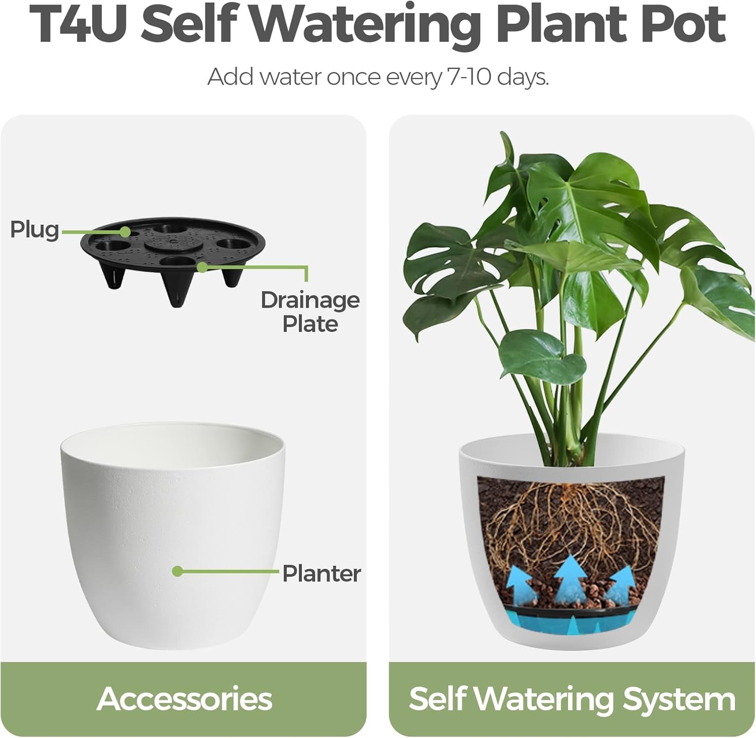 7 Inch Self Watering Planters Plastic Plant Pot, Modern Decorative Flower Pot/Window Box for All House Plants, Flowers, Herbs, African Violets, Succulents - White, Set of 6