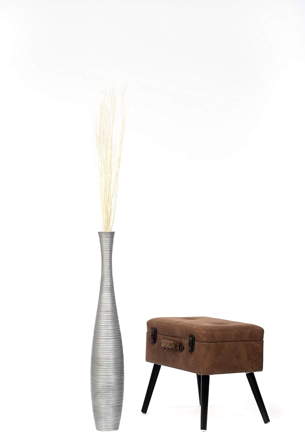 Large Silver Home Decor Floor Vase – Wooden 36 Inches Tall Farmhouse Decor Flower Holder for Fake Plant and Pampas Grass