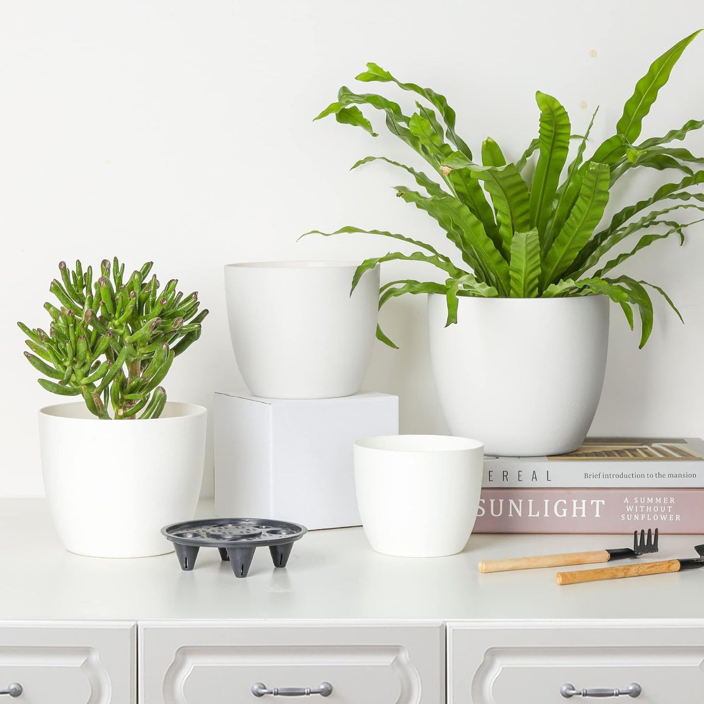 7 Inch Self Watering Planters Plastic Plant Pot, Modern Decorative Flower Pot/Window Box for All House Plants, Flowers, Herbs, African Violets, Succulents - White, Set of 6