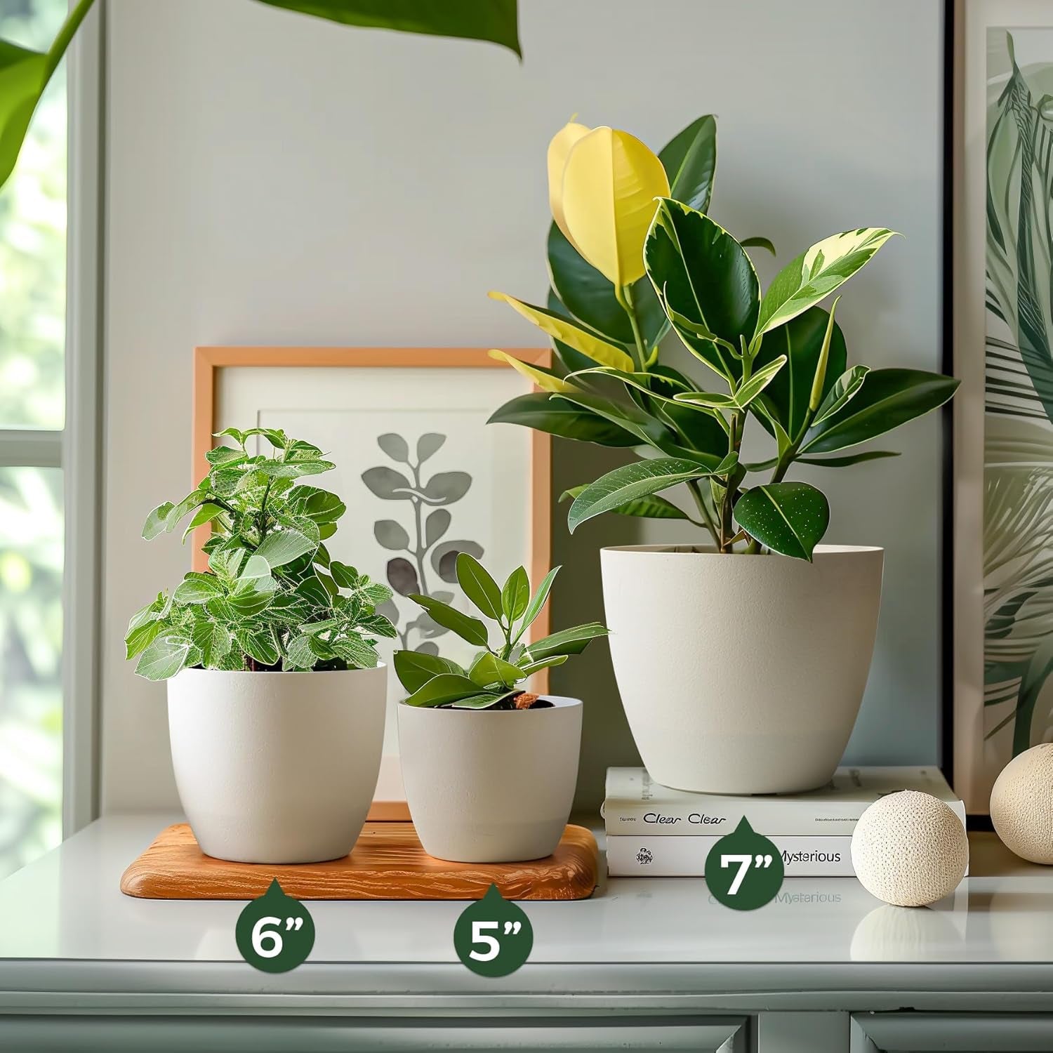 7 Inch Self Watering Planters Plastic Plant Pot, Modern Decorative Flower Pot/Window Box for All House Plants, Flowers, Herbs, African Violets, Succulents - White, Set of 6