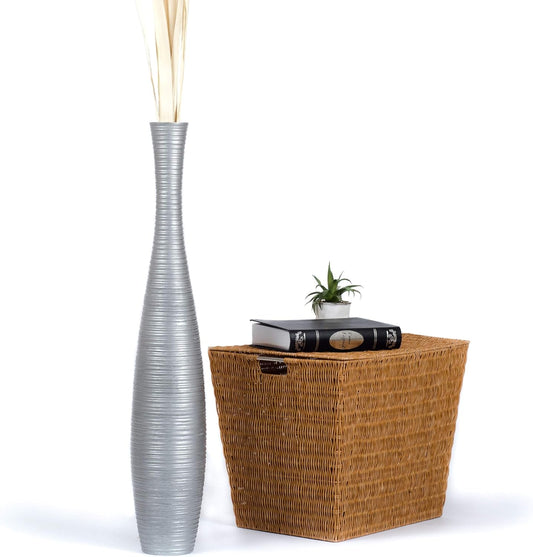 Large Silver Home Decor Floor Vase – Wooden 36 Inches Tall Farmhouse Decor Flower Holder for Fake Plant and Pampas Grass
