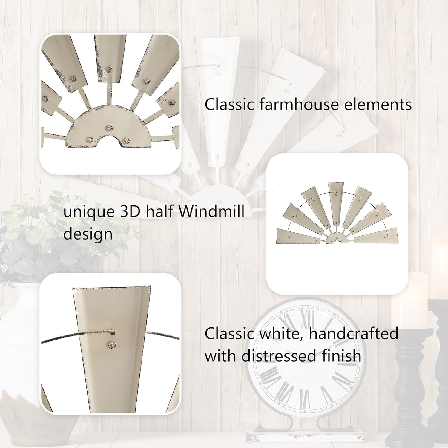 32" Rustic Galvanized Metal Half Windmill Wall Sculpture Farmhouse Wall Art Home Decor, Beige