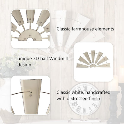 32" Rustic Galvanized Metal Half Windmill Wall Sculpture Farmhouse Wall Art Home Decor, Beige