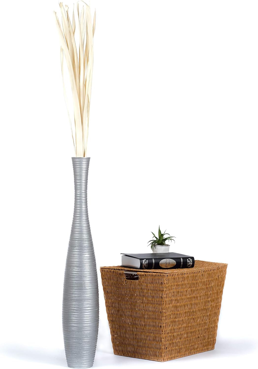 Large Silver Home Decor Floor Vase – Wooden 36 Inches Tall Farmhouse Decor Flower Holder for Fake Plant and Pampas Grass