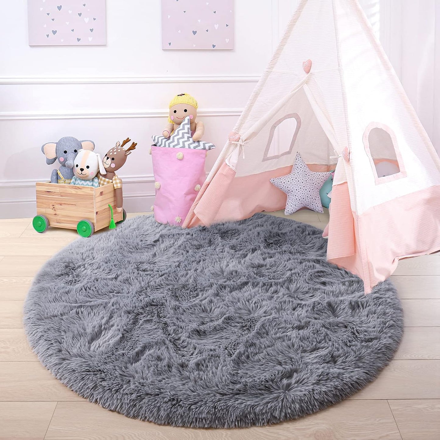 round Rug 5X5 Feet Fluffy Soft Area Rugs for Kids Girls Room Princess Castle Plush Shaggy Carpet Cute Circle Nursery Rug for Kids Girls Bedroom Baby Room Home Decor Circular Carpet, Grey
