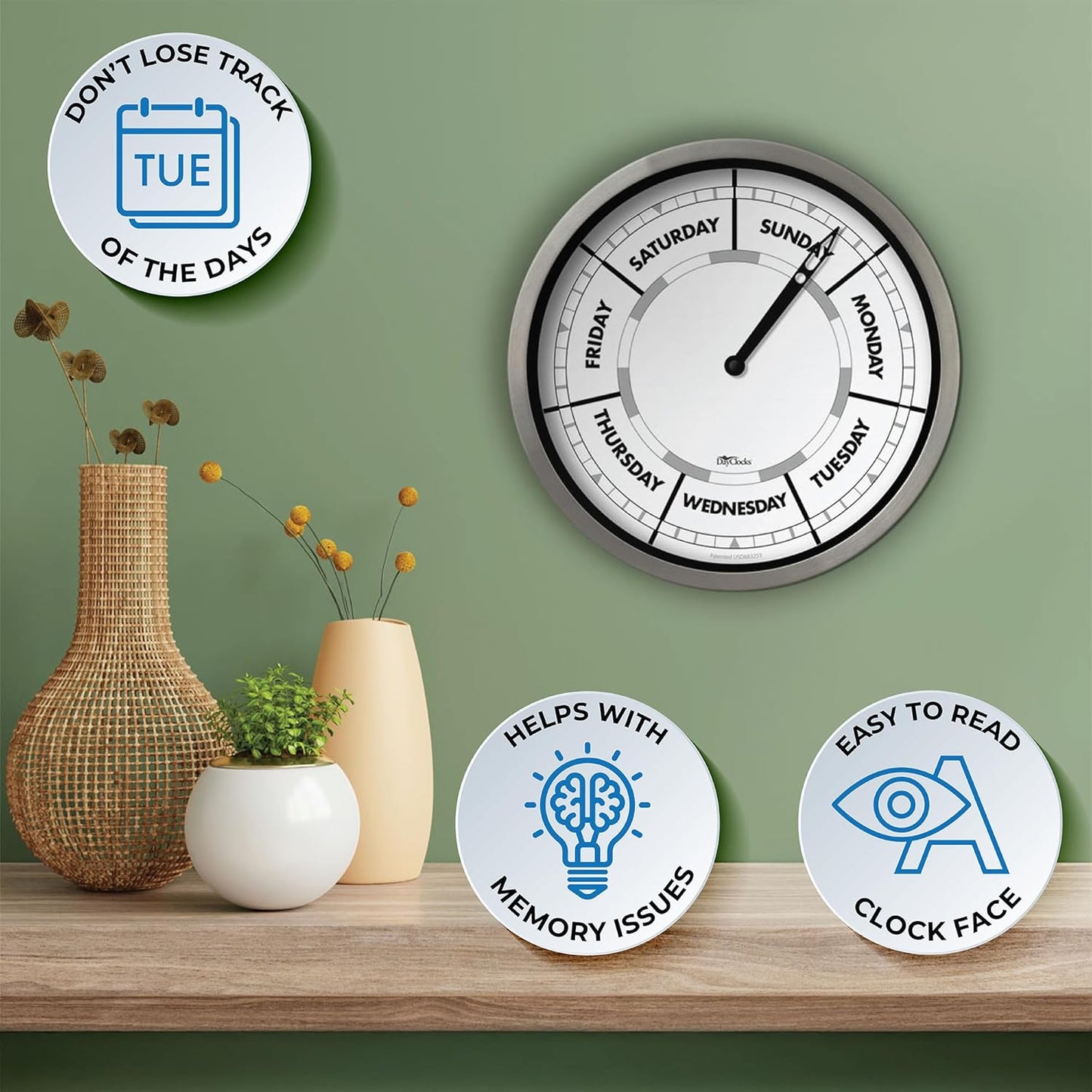 Day of the Week Wall Clock with Aluminum Frame – Calendar Day Clock – Ideal Retirement Gift for Men & Women – 10"
