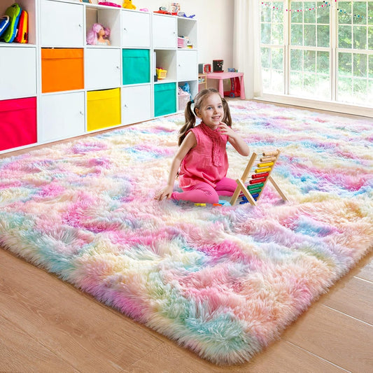Soft Rainbow Area Rugs for Girls Room, Fluffy Colorful Rugs Cute Floor Carpets Shaggy Playing Mat for Kids Baby Girls Bedroom Nursery Home Decor, 6Ft X 9Ft Tie-Dyed Rainbow