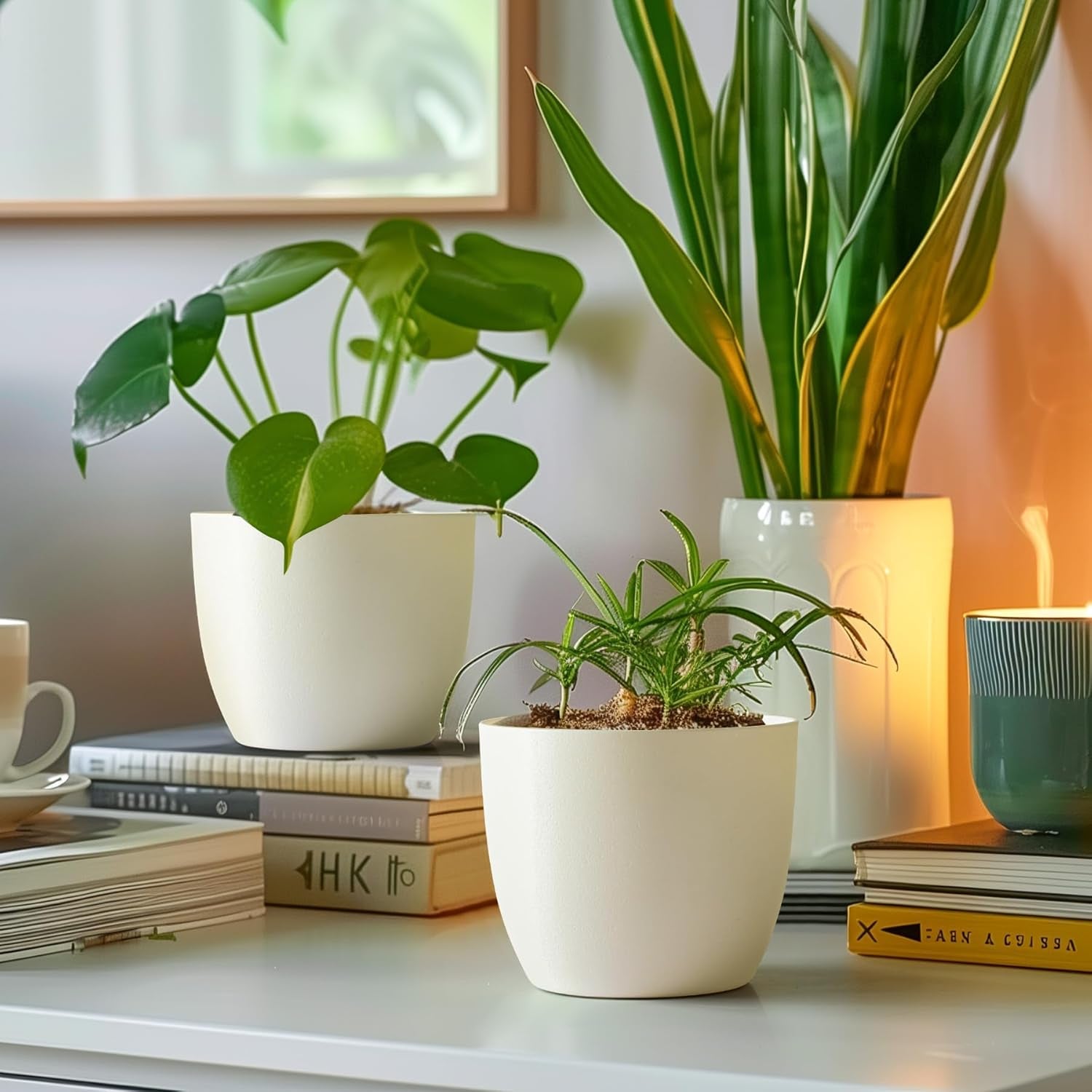 7 Inch Self Watering Planters Plastic Plant Pot, Modern Decorative Flower Pot/Window Box for All House Plants, Flowers, Herbs, African Violets, Succulents - White, Set of 6