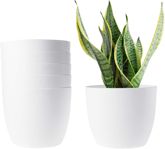 7 Inch Self Watering Planters Plastic Plant Pot, Modern Decorative Flower Pot/Window Box for All House Plants, Flowers, Herbs, African Violets, Succulents - White, Set of 6