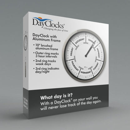 Day of the Week Wall Clock with Aluminum Frame – Calendar Day Clock – Ideal Retirement Gift for Men & Women – 10"