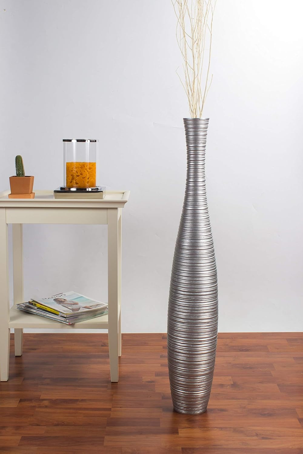 Large Silver Home Decor Floor Vase – Wooden 36 Inches Tall Farmhouse Decor Flower Holder for Fake Plant and Pampas Grass