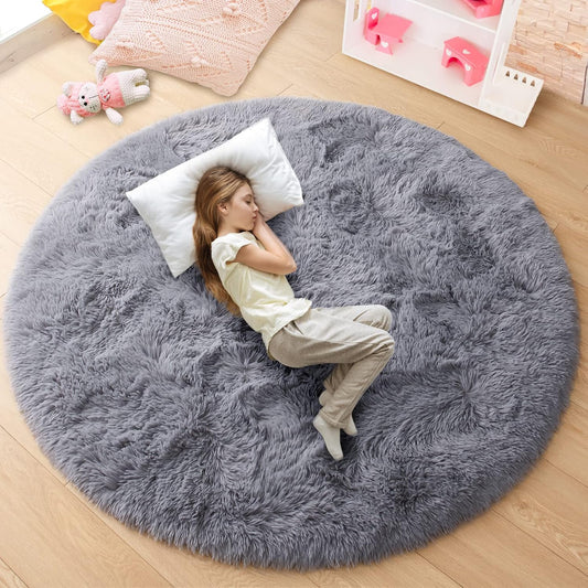 round Rug 5X5 Feet Fluffy Soft Area Rugs for Kids Girls Room Princess Castle Plush Shaggy Carpet Cute Circle Nursery Rug for Kids Girls Bedroom Baby Room Home Decor Circular Carpet, Grey