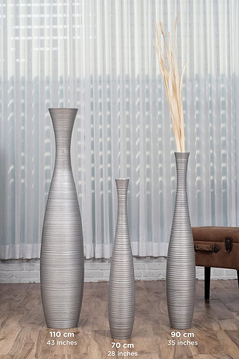 Large Silver Home Decor Floor Vase – Wooden 36 Inches Tall Farmhouse Decor Flower Holder for Fake Plant and Pampas Grass