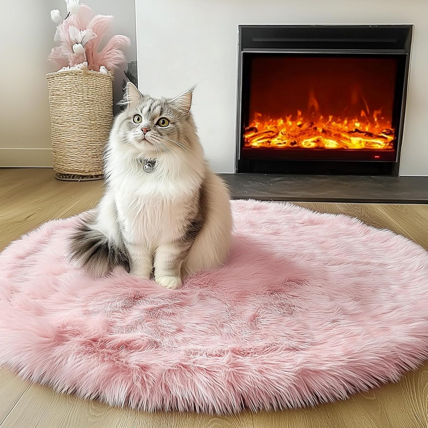 Light Pink round Area Rugs 2Ft for Bedroom Living Room, Fluffy Cat Dog Bed Mat, Washable Circle Rug for Kids Girls Boys Teen, Soft Plush Shaggy Carpet for Nursery Dorm Home Decor Aesthetic