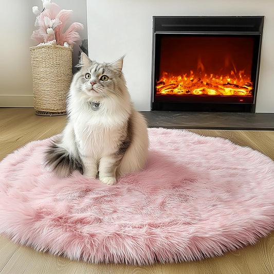 Light Pink round Area Rugs 2Ft for Bedroom Living Room, Fluffy Cat Dog Bed Mat, Washable Circle Rug for Kids Girls Boys Teen, Soft Plush Shaggy Carpet for Nursery Dorm Home Decor Aesthetic