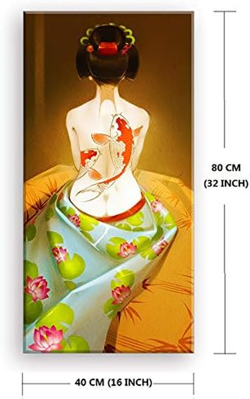 Japanese Woman Wall Art Asian Style Painting Yellow Background Wall Decor Fish Tattoo on Back Print Home Decoration for Bedroom, Bathroom (Waterproof, Ready to Hang)­