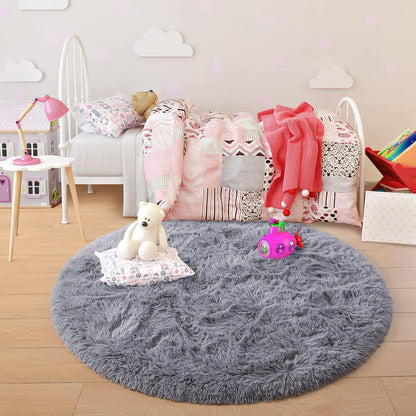 round Rug 5X5 Feet Fluffy Soft Area Rugs for Kids Girls Room Princess Castle Plush Shaggy Carpet Cute Circle Nursery Rug for Kids Girls Bedroom Baby Room Home Decor Circular Carpet, Grey