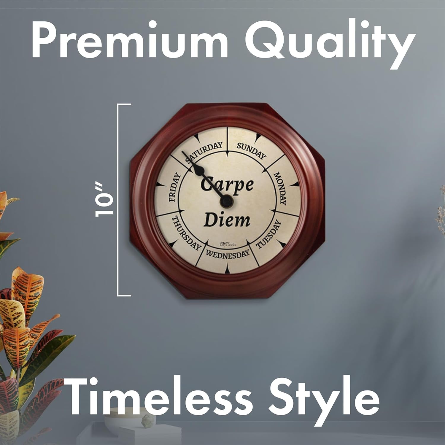 Day of the Week Wall Clock with Solid Wood Frame – Calendar Day Clock – Carpe Diem – Ideal Retirement Gift for Men & Women – Mahogany, 10"