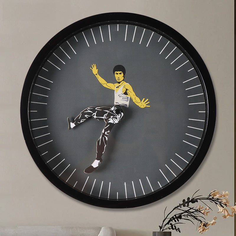 New Style Lee Little Dragon Kung Fu Unique Wall Clock Silent Home Decor Round Clock Wall Clocks Home Decoration