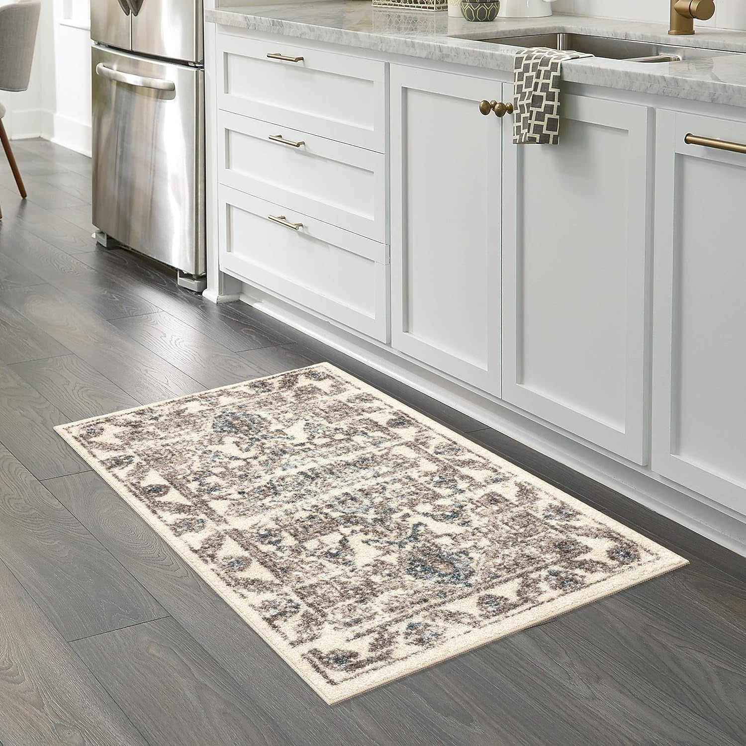 Distressed Tapestry Vintage Kitchen Rugs Non Skid Accent Area Floor Mat [Made in USA], 2'6 X 3'10, Neutral