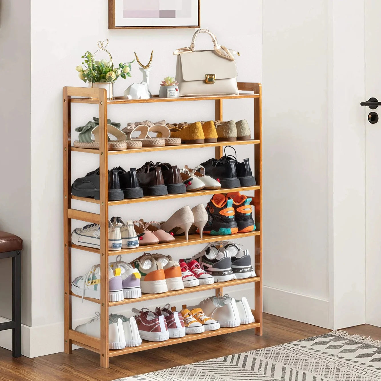 6 Tier Natural Wood Bamboo Shelf Entryway Storage Shoe Rack Home Furniture