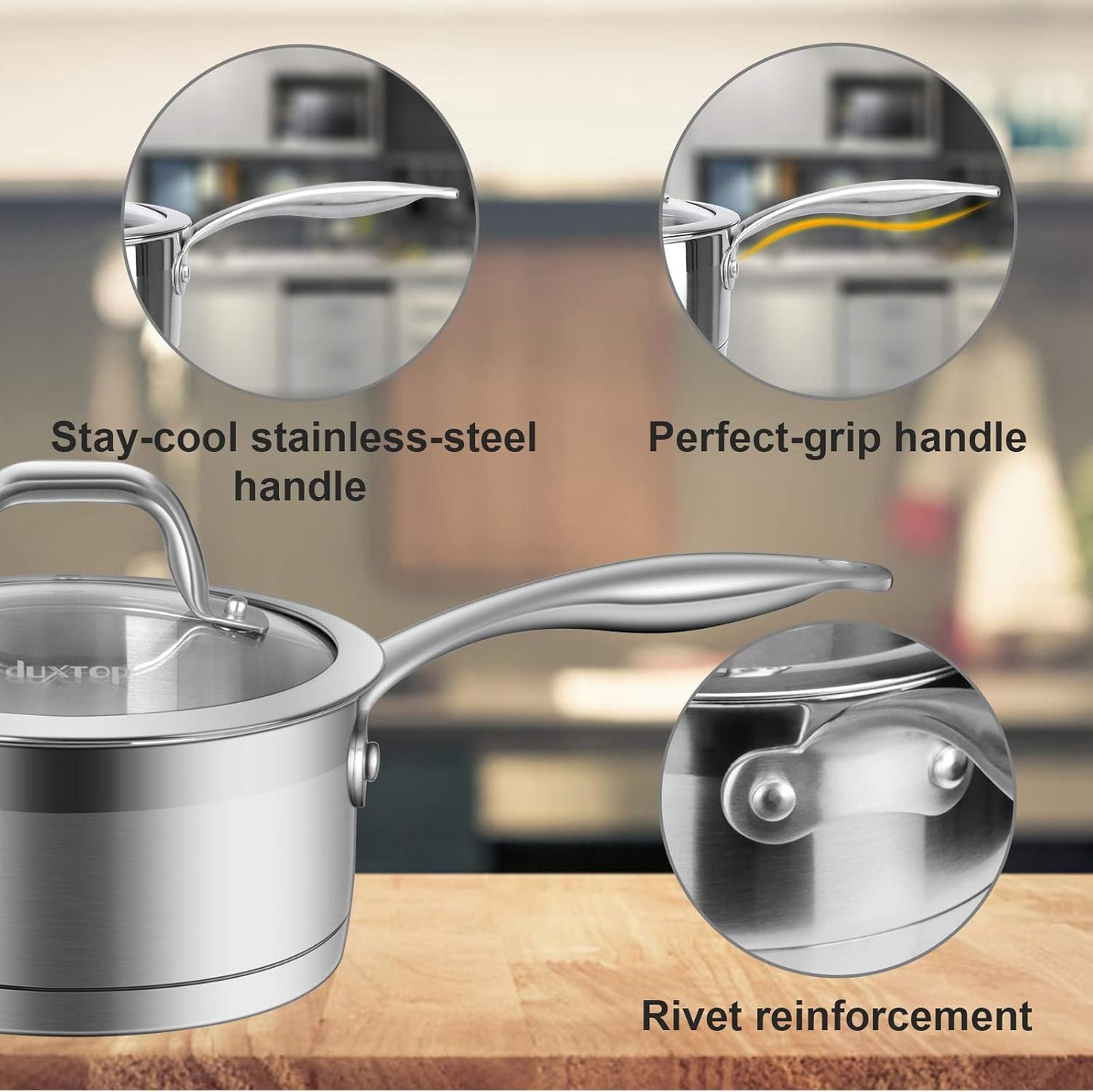 Professional Stainless Steel Sauce Pan with Lid, Kitchen Cookware, Induction Pot with Impact-Bonded Base Technology, 2.5 Quart
