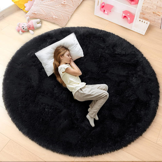 round Rug 6X6 Feet Fluffy Soft Area Rugs for Kids Girls Room Princess Castle Plush Shaggy Carpet Cute Circle Nursery Rug for Kids Teen'S Bedroom Home Decor Large Circular Carpet, Black