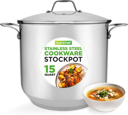15-Quart Large Stainless Steel Stock Pot with Tempered Glass Lid - Induction Compatible Stockpot, Ideal for Stews & Soups, Dishwasher Safe