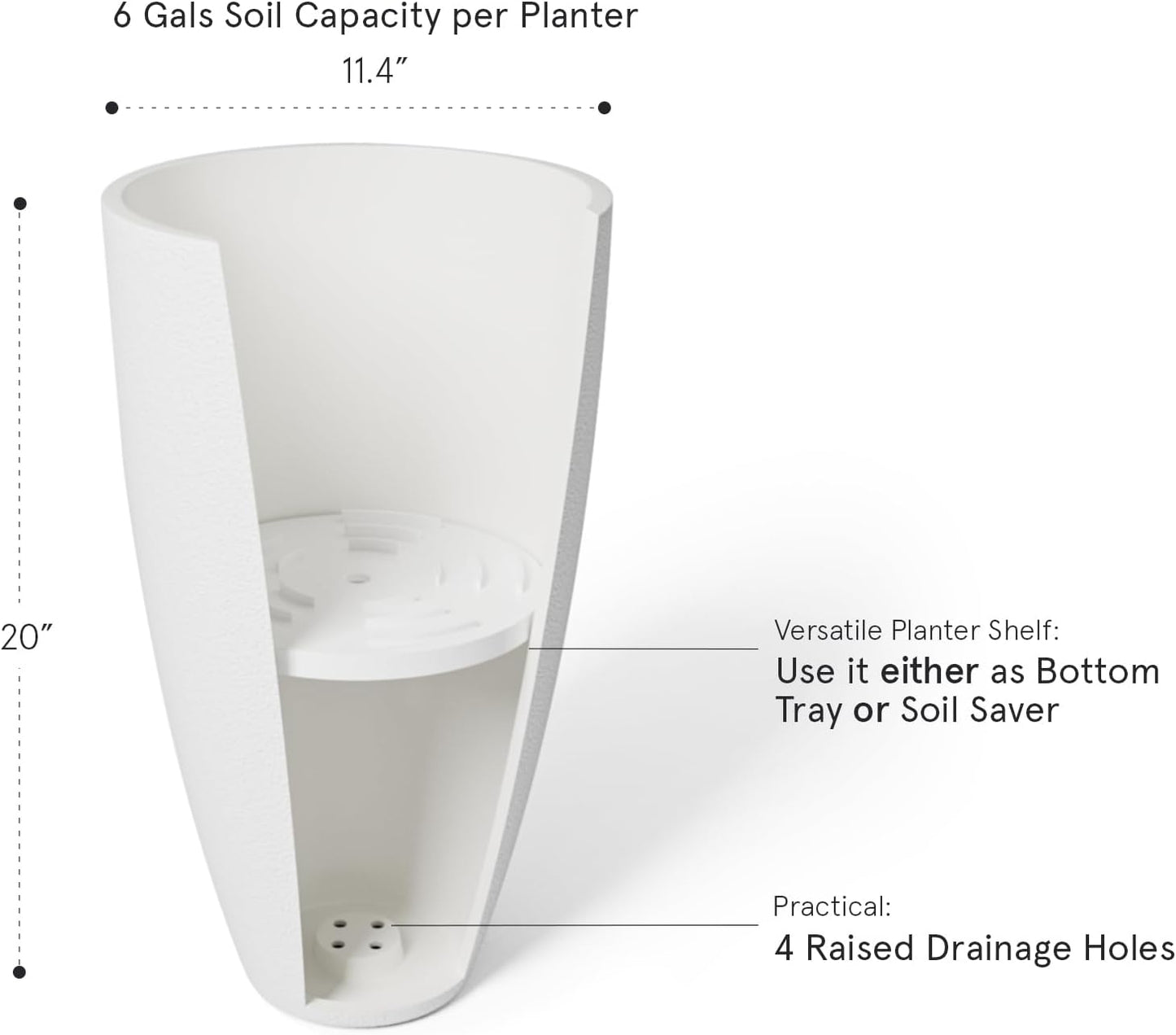 20 Inch round Tall Planter,Indoor/Outdoor White Planter with Drainage Holes and Trays,Modern Large Flower Pot for Front Door,Balcony and Garden Patio Deck,Pack 1