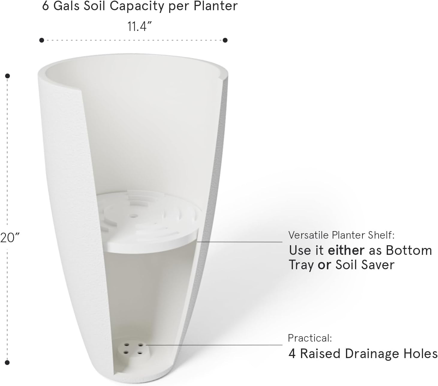 20 Inch round Tall Planter,Indoor/Outdoor White Planter with Drainage Holes and Trays,Modern Large Flower Pot for Front Door,Balcony and Garden Patio Deck,Pack 1