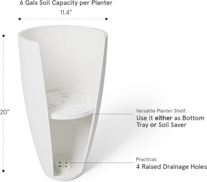 20 Inch round Tall Planter,Indoor/Outdoor White Planter with Drainage Holes and Trays,Modern Large Flower Pot for Front Door,Balcony and Garden Patio Deck,Pack 1