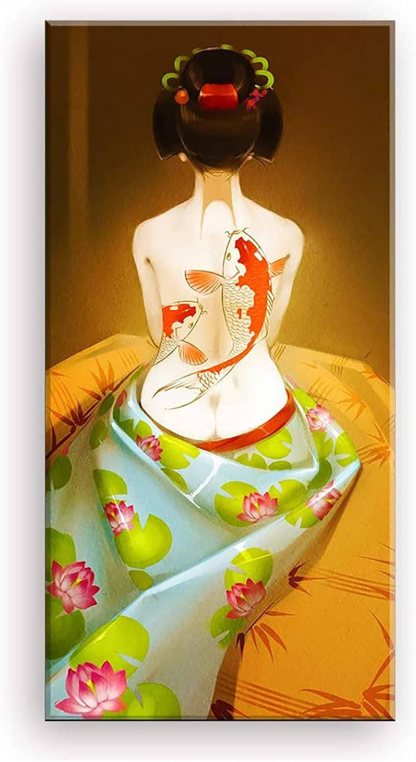 Japanese Woman Wall Art Asian Style Painting Yellow Background Wall Decor Fish Tattoo on Back Print Home Decoration for Bedroom, Bathroom (Waterproof, Ready to Hang)­